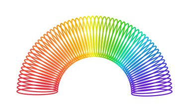 Gökkuşağı spiral yay oyuncağı. Çocuklar sihirli yaylı yay. Renkli plastik çocuk oyuncağı. Vektör illüstrasyonu beyaz arkaplanda izole edildi