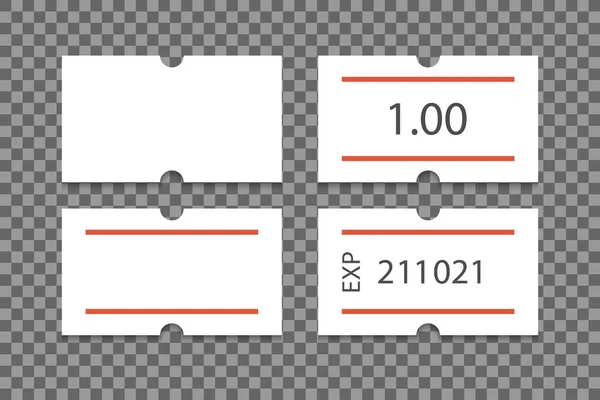 Självhäftande papper prislapp med två röda ränder. Tomma prisetiketter. Vit dekal för att ange utgångsdatum. Vektor illustration isolerad på transparent bakgrund — Stock vektor