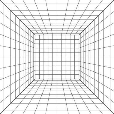 Kablo çerçevesi perspektif küpü. 3D kablo şebekesi odası. Üç boyutlu lazer ızgarası. Siyah ağlı siber uzay beyaz arka planı. Sanal gerçeklikte gelecekteki dijital koridor boşluğu. Vektör illüstrasyonu