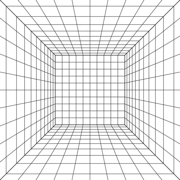 Вифрамовый перспективный куб. 3d wireframe grid room. Трехмерная лазерная сетка. Киберпространство белого фона с черной сеткой. Футуристическое цифровое пространство коридора в виртуальной реальности. Векторная иллюстрация — стоковый вектор