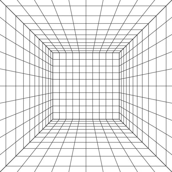 Kablo çerçevesi perspektif küpü. 3D kablo şebekesi odası. Üç boyutlu lazer ızgarası. Siyah ağlı siber uzay beyaz arka planı. Sanal gerçeklikte gelecekteki dijital koridor boşluğu. Vektör illüstrasyonu