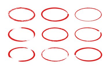Mürekkep oval çerçeve. Grunge boş kırmızı kutular seti. Elips tahsilat sınırında. Lastik damga izi. El çizimi vektör çizimi beyaz arkaplanda izole edildi