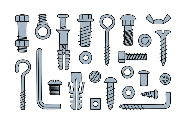 Hand drawn screw, bolts, fasteners. Bolts, screws, nuts, dowels and rivets in doodle style. Hand drawn building material. Vector illustration isolated on white background