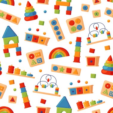 Children wooden toys for Montessori games. Baby seamless pattern. Education logic toys for preschool kids. Montessori system for early childhood development. Vector illustrations on white background