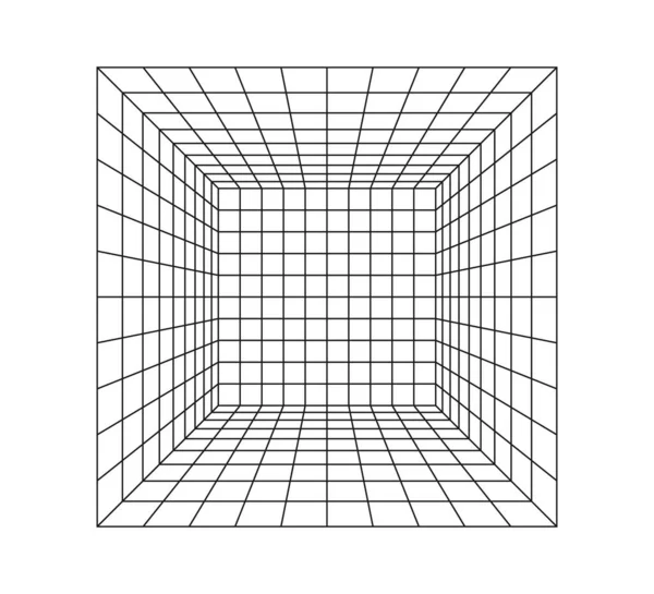 Куб перспективи каркаса. 3d дротовий каркас сітки кімнати. 3D лазерна сітка перспективи. Кіберпростір білий фон з чорною сіткою. Футуристичний цифровий простір передпокою у віртуальній реальності. Векторні ілюстрації — стоковий вектор