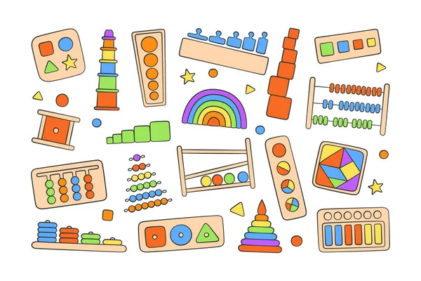 Jouets de logique d'éducation Montessori. Jouets en bois pour enfants d'âge préscolaire. Système Montessori pour le développement de la petite enfance. Trieuses multicolores. Illustrations vectorielles dessinées à la main sur fond blanc — Image vectorielle