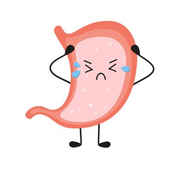 Human kawaii sad stomach character. Gastritis, indigestion and stomach pain problems. Crying sick character. Vector flat cartoon illustration on white background