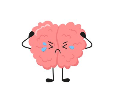Kawaii sad human brain character. Hand drawn symbols of healthy mind and psychological disorder. Vector cartoon illustration isolated on white background