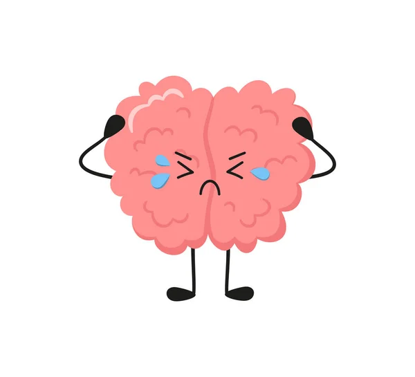 Kawaii sad human brain character. Hand drawn symbols of healthy mind and psychological disorder. Vector cartoon illustration isolated on white background — Vetor de Stock