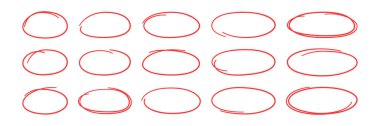Hand drawn red ovals set. Ovals of different widths. Highlight circle frames. Ellipses in doodle style. Set of vector illustration isolated on white background