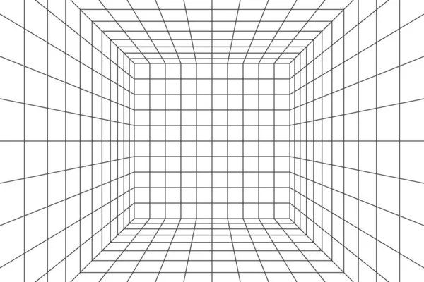 Drátěná perspektivní kostka. 3d drátová rozvodná místnost. 3D perspektivní laserová mřížka. Kyberprostor bílé pozadí s černou síťovinou. Futuristický digitální prostor na chodbě ve virtuální realitě. Vektorová ilustrace — Stockový vektor