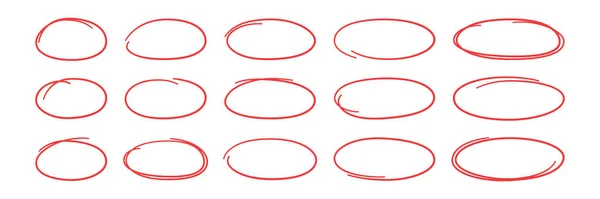 Набір червоних овалів, намальований вручну. Овали різної ширини. Підсвічувати рамки кола. Еліпси в каракулі. Набір векторних ілюстрацій ізольовано на білому тлі — стоковий вектор