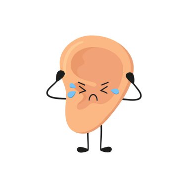 İnsan kulağı kawaii üzgün karakter. Hasta kulak. İşitme organı. Kemik iltihabı ve diğer hastalıklar. El çizimi biçiminde beyaz arkaplanda izole edilmiş vektör illüstrasyonu