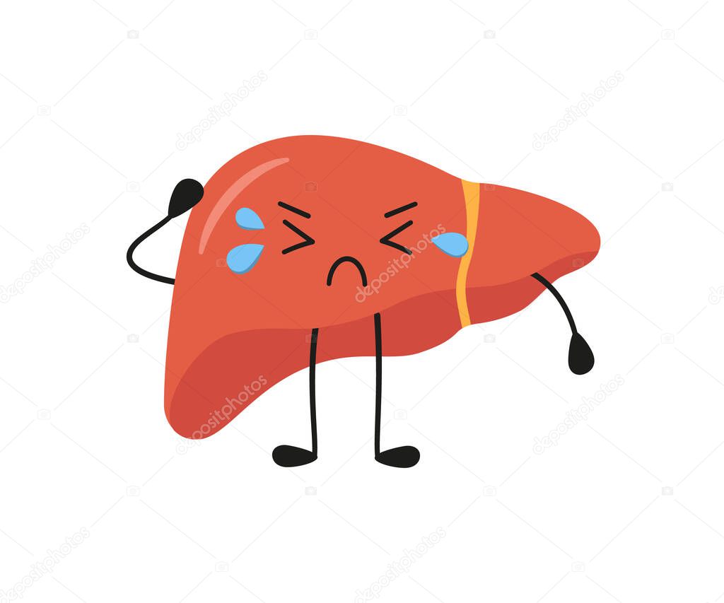 Sick sad liver character. Kawaii liver character. Vector isolated illustration in flat and cartoon style on white background