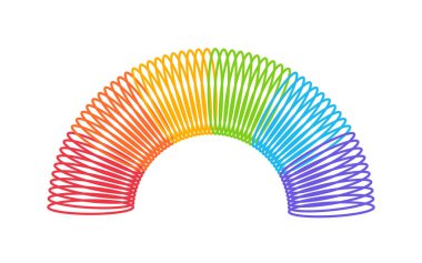 Gökkuşağı spiral yay oyuncağı. Çocuklar sihirli yaylı yay. Renkli plastik çocuk oyuncağı. Vektör illüstrasyonu beyaz arkaplanda izole edildi