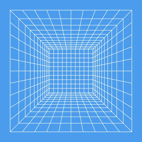 线框透视立方体。3D线框网格空间。3D透视激光网格。网络空间蓝色背景与白色网目。虚拟现实中的未来主义数字走廊空间。矢量说明 — 图库矢量图片