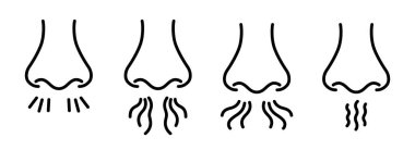 Burun ve nefes ikonu. Burun solunumu. İnsan koku organı. Hoş olmayan bir koku. Burun kokusu soluyor. Taslak simgeleri kümesi. Beyaz arkaplanda satır biçiminde vektör illüstrasyonu. Düzenlenebilir vuruş