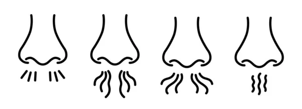 Burun ve nefes ikonu. Burun solunumu. İnsan koku organı. Hoş olmayan bir koku. Burun kokusu soluyor. Taslak simgeleri kümesi. Beyaz arkaplanda satır biçiminde vektör illüstrasyonu. Düzenlenebilir vuruş — Stok Vektör