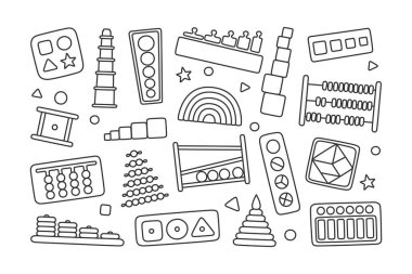 Montessori eğitim mantık oyuncakları. Çocuklar anaokulu çocukları için tahta oyuncaklar. Erken çocukluk gelişimi için Montessori sistemi. Renkli ayırıcılar. Beyaz arkaplanda el çizimi vektör çizimleri