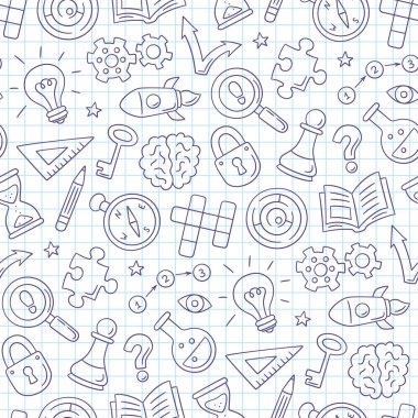 Bulmaca ve bilmeceler. Çapraz bulmaca, labirent, beyin, satranç taşı, matematik sınavı için ampul. Kare telif defteri arka planında karalama biçiminde vektör illüstrasyonu