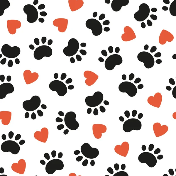 Modèle de chien sans couture avec des empreintes de pattes et des cœurs rouges. Texture du pied de chat. Motif avec empreinte de chien et les cœurs. Texture chien. Illustration vectorielle dessinée à la main en style doodle sur fond blanc — Image vectorielle