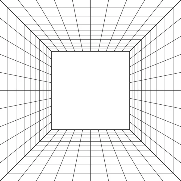 线框透视立方体。3D线框网格空间。3D透视激光网格。有黑色网眼的网络空间白色背景。虚拟现实中的未来主义数字走廊空间。矢量说明 — 图库矢量图片