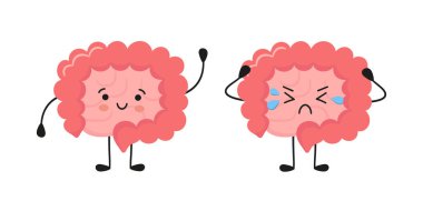 İnce ve kalın bağırsağı olan mutlu kawaii karakteri. Gastrointestinal bölgede insan iç organı. Soyut bağırsaklar. Vektör illüstrasyonu beyaz arkaplanda izole edildi