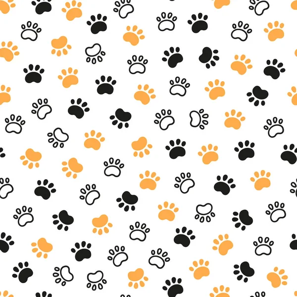 Padrão de cão sem costura com impressões de pata. Textura de pés de gato. Padrão com pegadas de cão. Textura de cão. Ilustração vetorial desenhada à mão no estilo doodle no fundo branco —  Vetores de Stock