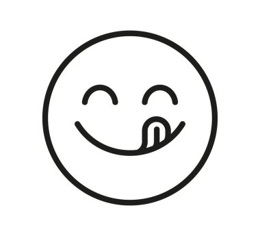 Ağzı yalayan tatlı gülümseme emojisi. Sosyal ağ için lezzetli yemek sembolü. Lezzetli ve aç çizgi ikonu. Lezzetli gurme. Afiyet olsun. Vektör illüstrasyonu beyaz arkaplanda izole edildi