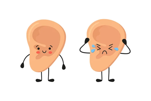 Oído humano kawaii personajes felices y tristes. Oído sano y enfermo. Órgano sano de la audición. Otitis y otras enfermedades. Ilustración vectorial aislada sobre fondo blanco en estilo dibujado a mano — Vector de stock