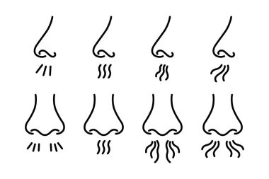Burun ve nefes ikonu. Burun solunumu. İnsan koku organı. Hoş olmayan bir koku. Burun kokusu soluyor. Taslak simgeleri kümesi. Beyaz arkaplanda satır biçiminde vektör illüstrasyonu. Düzenlenebilir vuruş
