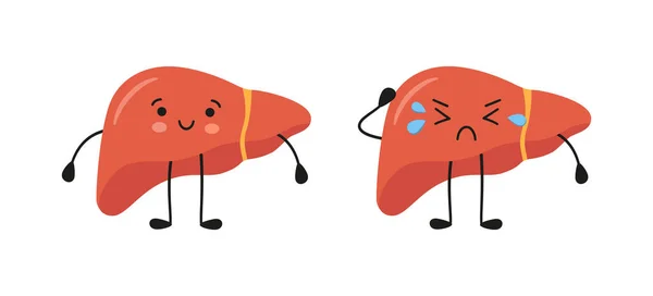 健康で幸せな悲しい病気の肝臓の文字。かわいい肝臓の文字。白を背景にフラットと漫画のスタイルでベクトル絶縁イラスト — ストックベクタ