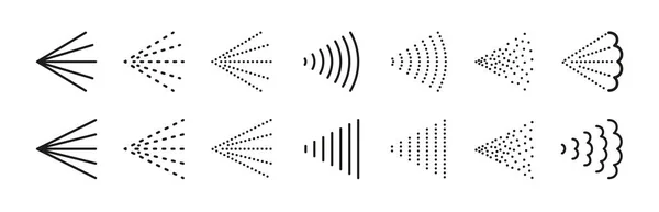 Rozpylać ikony pary wodnej do wody, perfum, farby lub dezodorantu. Gaz rozpraszający lub mgła aerozolowa. Symbole sprayu. Dysza parowa płynie. Zestaw ilustracji wektorowych izolowanych na białym tle — Wektor stockowy