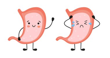 Sağlıklı bir şekilde gülümseyen ve hasta ruhlu karakterler. Mide iltihabı, hazımsızlık ve ülser sorunları. Beyaz arkaplanda vektör düz çizgi film çizimi