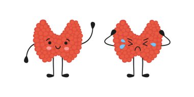 Sağlıklı mutlu tiroit ve sağlıksız tiroid çizgi film karakterleri. Kawaii organları. Vektör illüstrasyonu beyaz arkaplanda karikatür biçiminde izole edildi