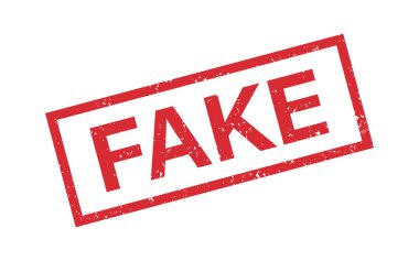 Medya ve belgeler için sahte kelime grunge kauçuk damgası. Sahte tabela çıkartması. Yalanların sembolü. Grunge Red Vintage kare etiketi. Vektör illüstrasyonu beyaz arkaplanda izole edildi