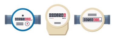 Gaz, su ve elektrik sayaçları. Sanayi ve ev sayaçları ayarlandı. Yakıt, su ve elektrik tüketimi kontrolü. Benzin deposu. Beyaz arkaplanda izole edilmiş düz vektör çizimleri koleksiyonu.