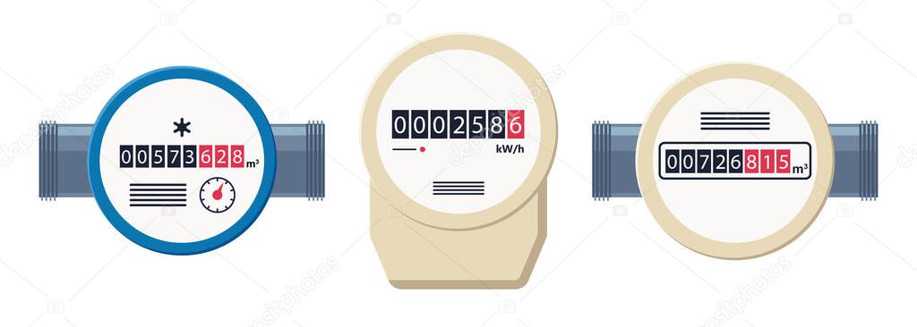 Gas, water and electric meters. Industrial and household meters set. Fuel, water and electricity consumption control. Gas counter. Collection of flat vector illustrations isolated on white background.