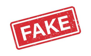 Medya ve belgeler için sahte kelime grunge kauçuk damgası. Sahte tabela çıkartması. Yalanların sembolü. Grunge Red Vintage kare etiketi. Vektör illüstrasyonu beyaz arkaplanda izole edildi.