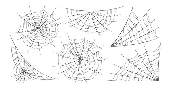 クモの巣が怖い 白い背景に隔離された黒いクモの糸のシルエット ドア辺の網のセット ハロウィンパーティーのための手描きのコブウェブ ベクターイラスト — ストックベクタ