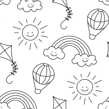 Çocuk çizimleriyle kusursuz desen. Çocuklar sıcak hava balonu karalıyor. Elle çizilmiş gülümseyen güneş, uçurtma ve gökkuşağı. Çocukça bir davranış. Sevimli bebek dokusu. Beyaz arkaplanda vektör illüstrasyonu