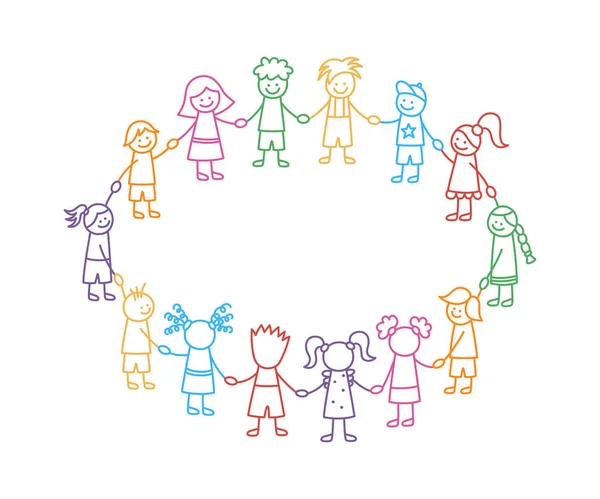 Happy doodle stick children holding hands. Hand drawn funny kids in circle. International friendship concept. Doodle children community. Vector linear illustration isolated on white background — Stock Vector