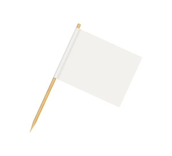 Bandiera dello stuzzicadenti. Bandiera bianca su bastone di legno. Stuzzicadenti in legno con banner in carta bianca per la decorazione di cibo e cocktail. Forme ad angolo di reazione del pennant. Vettore 3D realistico isolato su sfondo bianco — Vettoriale Stock