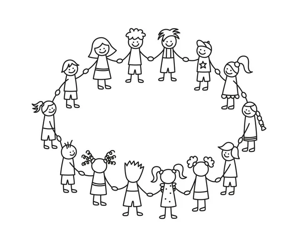 Happy doodle stick crianças de mãos dadas. Crianças engraçadas desenhadas à mão em círculo. Conceito de amizade internacional. Comunidade de crianças Doodle. Ilustração linear vetorial isolada sobre fundo branco —  Vetores de Stock