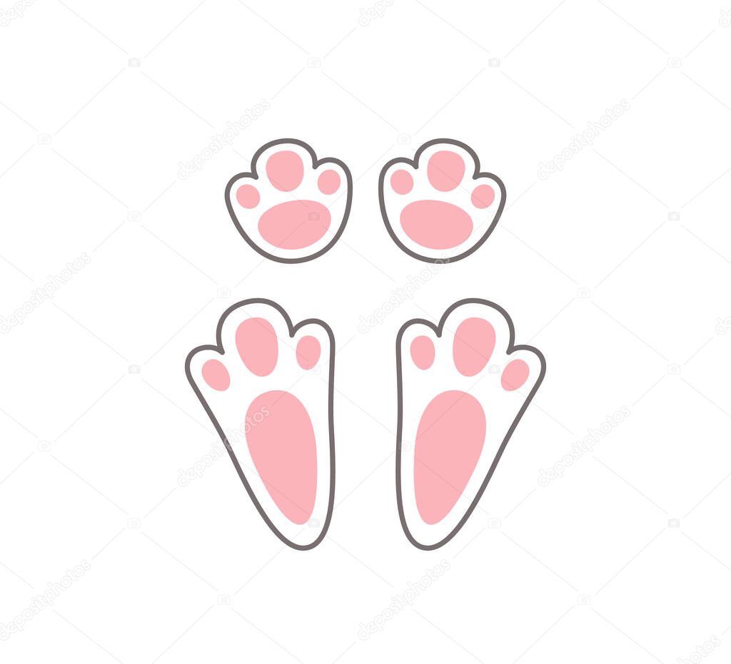 Cute easter bunny paw. Rabbit or hare footprint. Bunny foot prints on snow. Hare steps track. Vector illustration isolated on white background in flat style