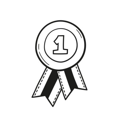 Ödüllü karalama ikonu. Kazanan konsept olarak birinci olan elle çizilmiş madalya. Beyaz arkaplanda vektör çizimi.