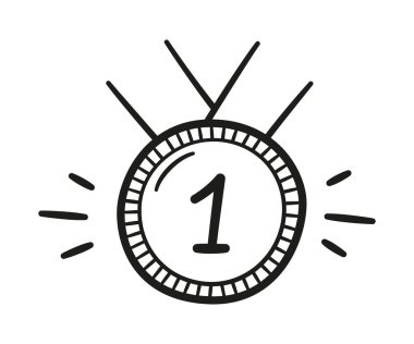 Birincilik madalyası. Karalama altın madalyası. El yapımı dekoratif ikon. Beyaz arkaplanda izole edilmiş vektör çizimleri.