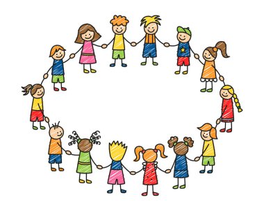 Mutlu karalama çubukları çocuklar el ele tutuşuyor. Elle çizilmiş komik çocuklar. Çocukların arkadaşlık konsepti. Doodle çocuk topluluğu. Vektör illüstrasyonu beyaz arkaplanda izole edildi.