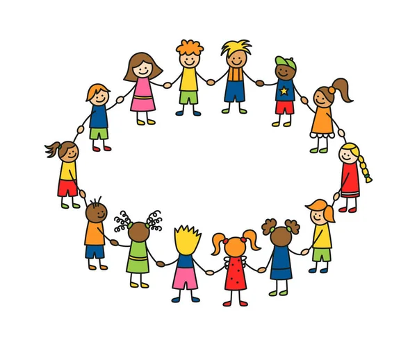 Happy Doodle Stick Children Holding Hands Hand Drawn Funny Kids — Stock Vector