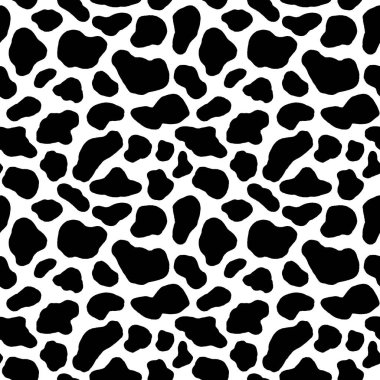 İnek derisi pürüzsüz desen. Holstein sığır dokusu. Pürüzsüz siyah beyaz desenli inek derisi deseni. Dalmaçyalı köpek izleri. Siyah noktalar. Hayvan derisi şablonu. Vektör illüstrasyonu.